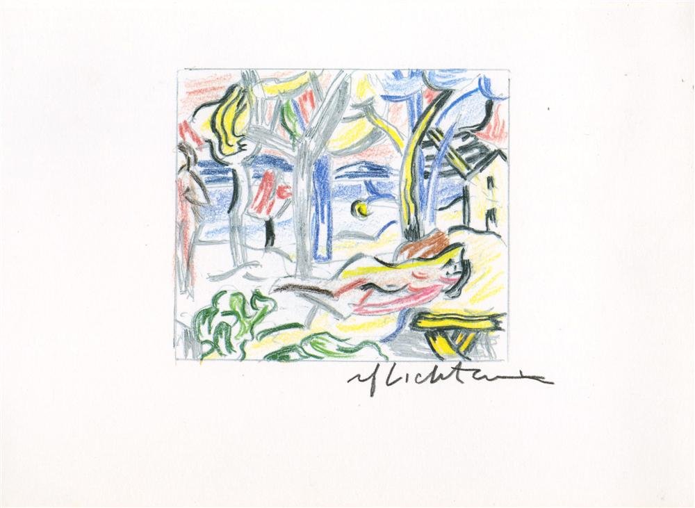 ROY LICHTENSTEIN - Color offset lithograph: Roy Lichtenstein (American, 1923-1997). "Reclining Figure in Landscape". Color offset lithograph. 1986. Signed in pencil, lower right. A proof (?) aside from the edition of 100. White wove Coronado op