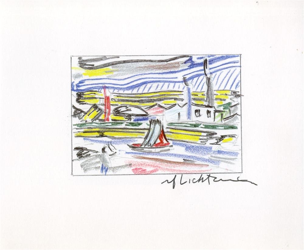 ROY LICHTENSTEIN - Color offset lithograph: Roy Lichtenstein (American, 1923-1997). "The River". Color offset lithograph. 1986. Signed in pencil, lower right. A proof (?) aside from the edition of 100. White wove Coronado opaque SST cover stock