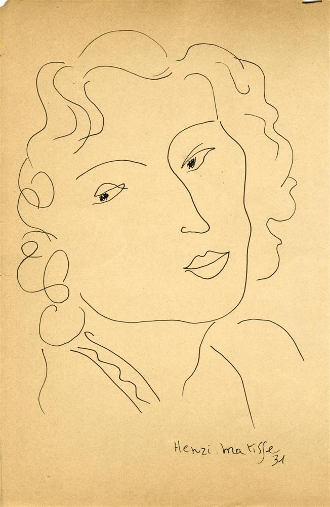 HENRI MATISSE [ATTRIB] - Pen and ink drawing on: Henri Matisse [attrib] (French, 1869 - 1954). "Femme". Pen and ink drawing on paper. 1931. Signed and dated, lower right. Cream wove paper. Good condition; some losses top edge, a few small tears, not