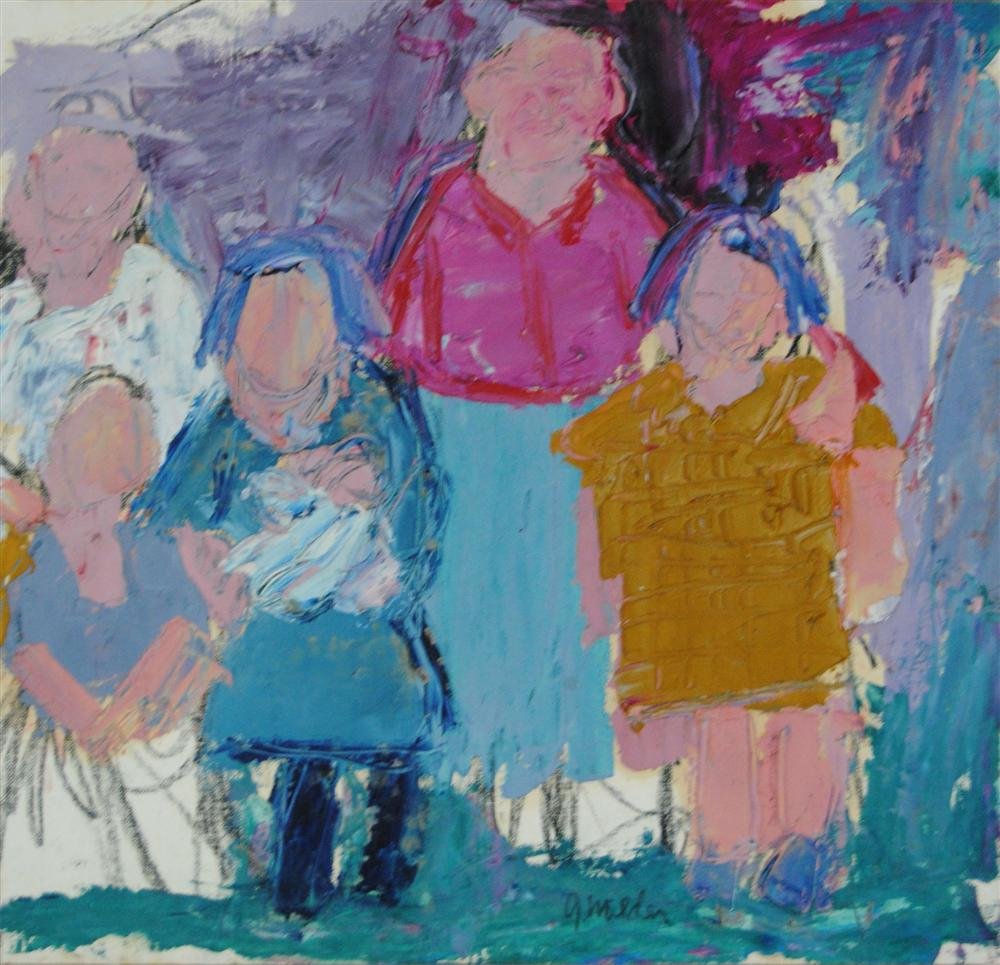 JAY MILDER - Oil on paper: Jay Milder (American, b.1934). "Subway Figures #4". Oil on paper. 1963. Signed lower middle. Good condition; heavy impasto; paper brittle, old tape and discoloration verso; no holes or tears in the im