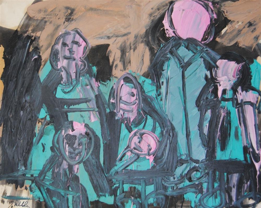 JAY MILDER - Oil on paper: Jay Milder (American, b.1934). "Subway Figures #6". Oil on paper. 1963. Signed lower right. Good condition; heavy impasto; paper brittle, old tape and discoloration verso; no holes or tears in the ima