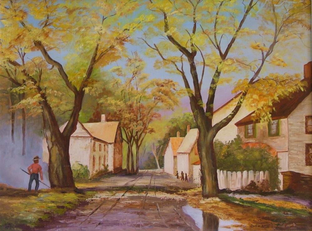 CARL W. PETERS [AFTER] - Oil on canvasboard: Carl W. Peters [after] (American, 1897-1980). "Backstreet, Rockport". Oil on canvasboard. c1925. Signed lower right. Very good condition. Provenance: Through Henry Lee McFee; Private collection, Roche