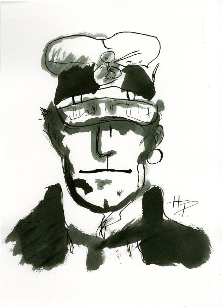 HUGO PRATT - Watercolor and pen drawing on paper: Hugo Pratt (Italian, 1927-1995). "Corto Maltese I". Watercolor and pen drawing on paper. c1974-1978. Signed lower right. White wove watermarked Farbriano paper. Fine condition. Hugo Eugenio Pratt was 