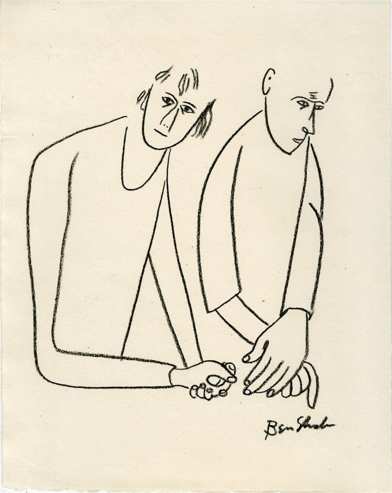 BEN SHAHN - Pencil drawing on paper: Ben Shahn (Lithuanian/American, 1898 - 1969). "The Couple". Pencil drawing on paper. 1940s. Signed lower right. Light cream wove paper. Good to very good condition; small tear in left edge of sheet, w
