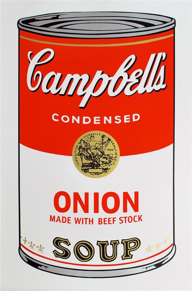 ANDY WARHOL [AFTER] - Original color silkscreen: Andy Warhol [after] (American, 1928 - 1987). "Campbell's Soup - Onion [Sunday B. Morning edition]". Original color silkscreen. 1968. Sunday B. Morning stamps, verso. White wove paper. Full margins. Fi