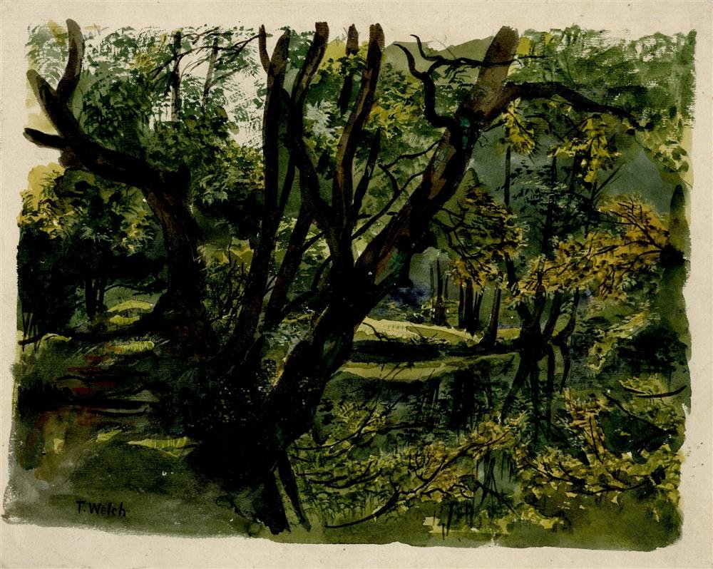 THADDEUS WELCH - Watercolor on paper: Thaddeus Welch (American, 1844-1919). "The Old Oak Tree". Watercolor on paper. c1893. Signed lower left. Cream wove paper. Good condition. Partially finished watercolor and pencil image, verso. Welch 