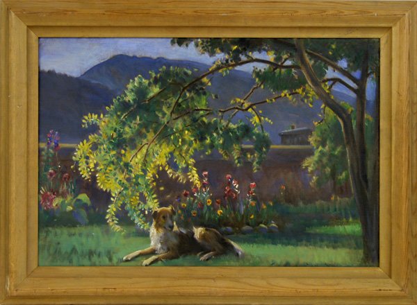 JOHN YOUNG-HUNTER - Oil on canvas: John Young-Hunter (American, 1875 - 1955). "Taos: Mabel Dodge Luhan's Dog". Oil on canvas. c1945. Signed "J. Young-Hunter," on stretcher bar, verso. Very good condition. Probably the original frame. P