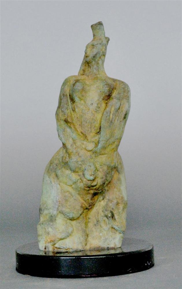 LEONORA CARRINGTON [AFTER] - Bronze sculpture with: Leonora Carrington [after] (British/Mexican/American, 1917-2011). "Homenaje a Javier". Bronze sculpture with light green/light tan patina. c1998. Inscribed "Leonora Carrinton" lower right. Small editi