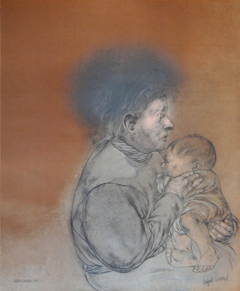 RAFAEL CORONEL - Color offset lithograph: Rafael Coronel (Mexican, b.1931). "Maternidad". Color offset lithograph. Printed 1978. Signed with the stamp, lower right recto; dedicated with the stamp, lower left verso. Print #128 from the edition