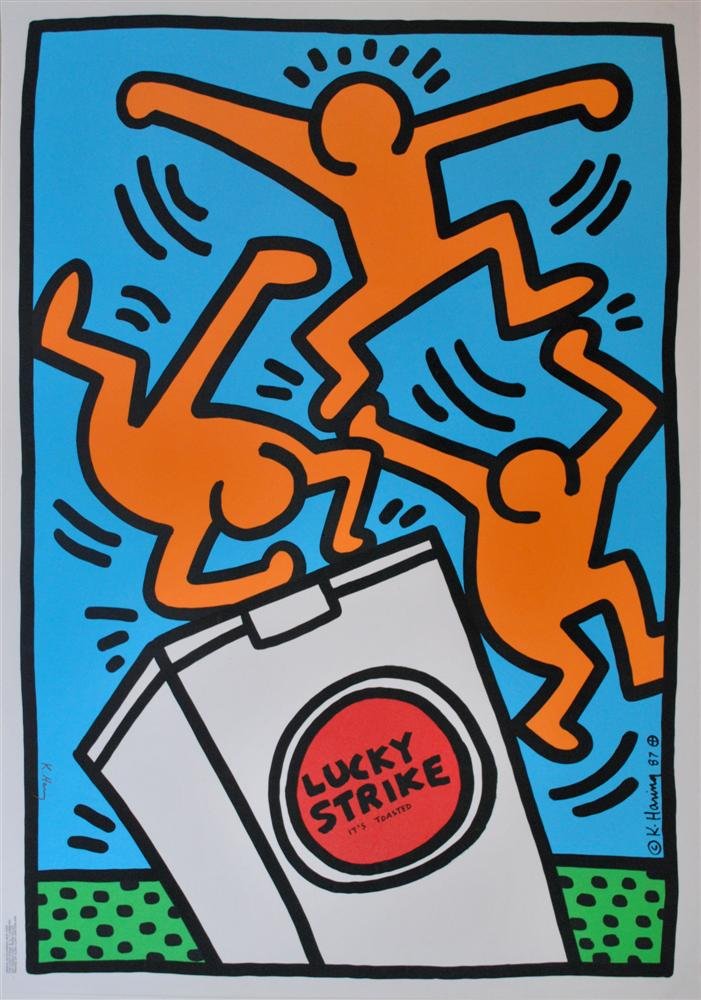 KEITH HARING - Original color silkscreen: Keith Haring (American, 1958 - 1990). "Lucky Strike: Blue". Original color silkscreen. 1987. Signed in black marker, lower left; signed and dated in the plate. Edition of 100?. White wove paper. Full