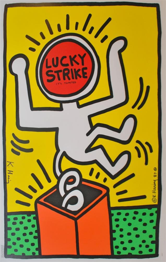 KEITH HARING - Original color silkscreen: Keith Haring (American, 1958 - 1990). "Lucky Strike: Yellow". Original color silkscreen. 1987. Signed in black marker, lower left; signed and dated in the plate. Edition of 100?. White wove paper. Ful