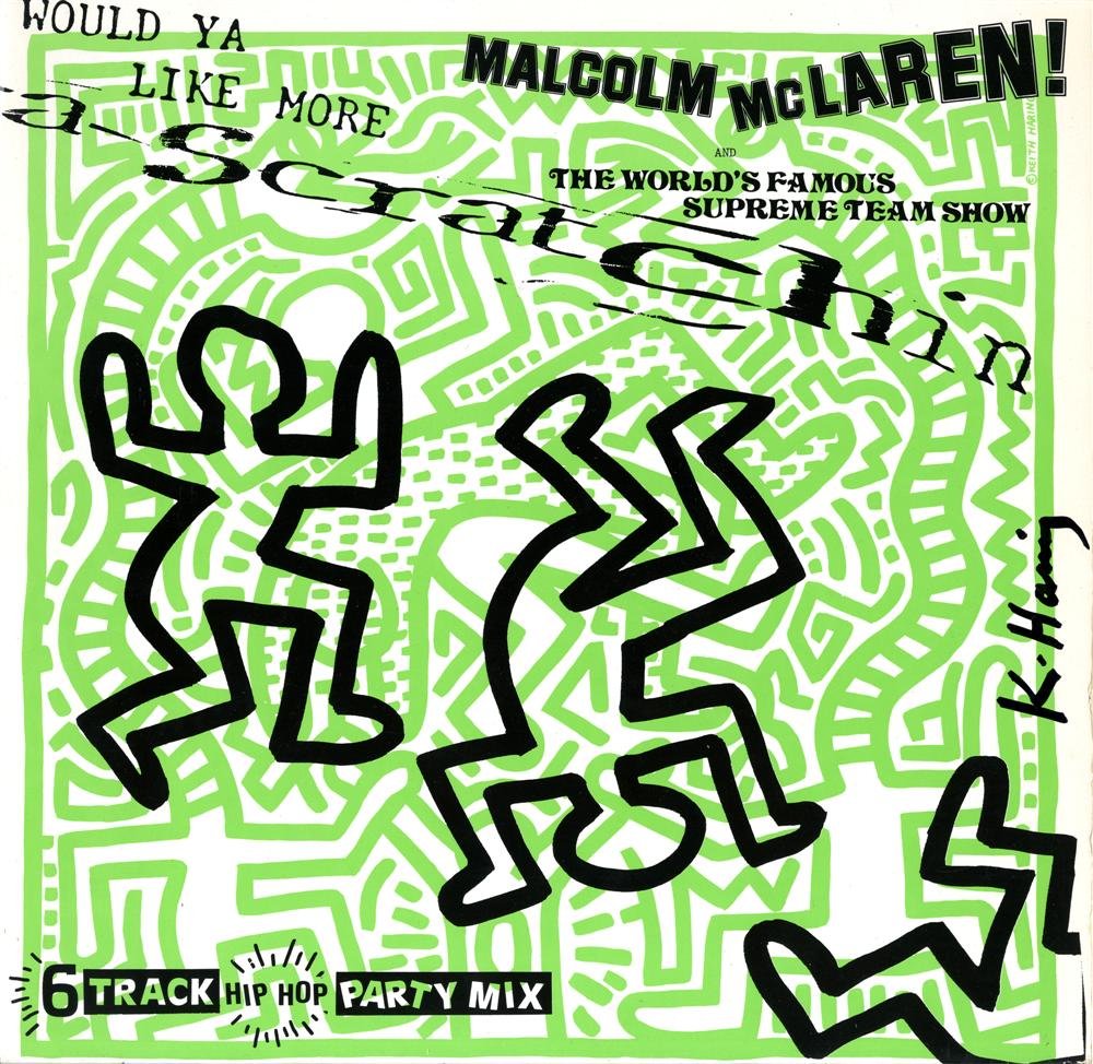 KEITH HARING - Original color offset lithograph: Keith Haring (American, 1958 - 1990). "Malcolm McLaren: Would Ya Like More Scratchin'". Original color offset lithograph. 1984. Signed in black marker, middle right. Edition unknown, presumed small. S