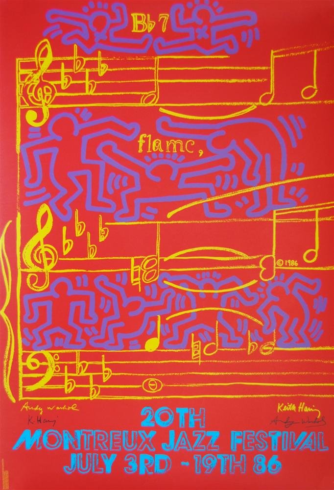 KEITH HARING & ANDY WARHOL - Original color: Keith Haring & Andy Warhol (Americans, 20th Century). "20th Montreux Jazz Festival". Original color silkscreen. 1986. Signed in black marker by both Haring and Warhol, lower left and lower right respe