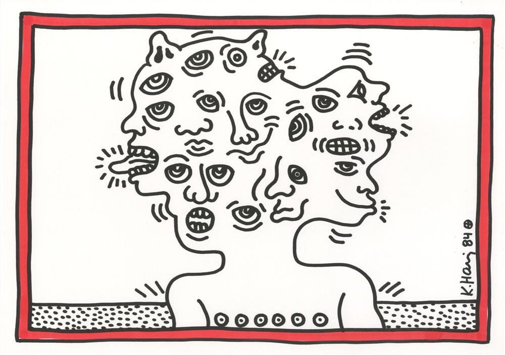 KEITH HARING [AFTER] - Color drawing (red and: Keith Haring [after] (American, 1958-1990). "Many Sides of Your Mouth". Color drawing (red and black markers). 1984. Signed, dated, and with the insignia, lower right. White wove paper. Fine condition