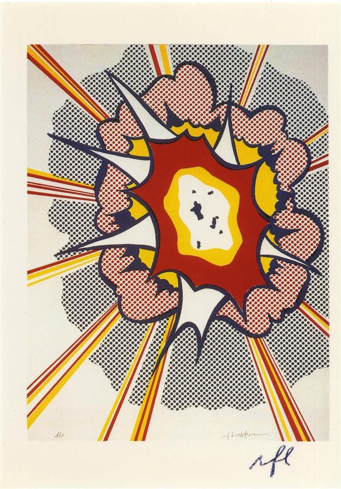 ROY LICHTENSTEIN - Color offset lithograph: Roy Lichtenstein (American, 1923-1997). "Explosion [postcard edition]". Color offset lithograph. 1967. Printed 1994. Initialed in pen, lower right; signed verso. Edition unknown, presumed small. White