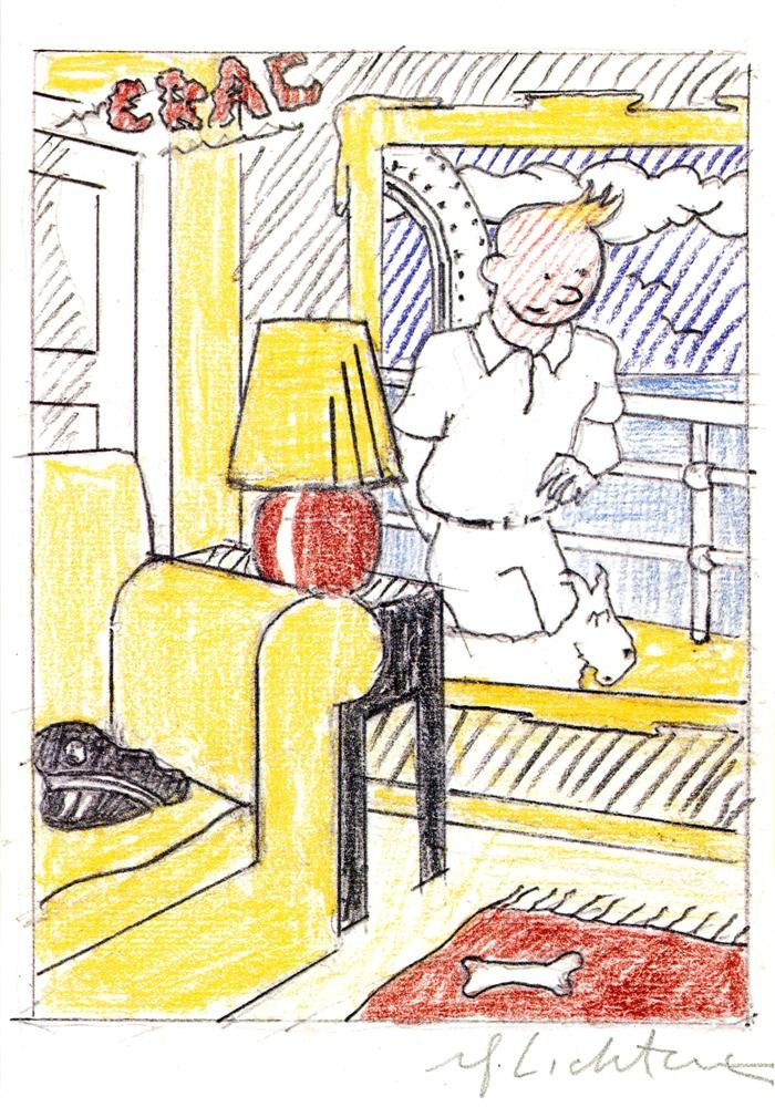 ROY LICHTENSTEIN - Color offset lithograph: Roy Lichtenstein (American, 1923-1997). "Interior with Painting of Tintin (Tintin in the New World)". Color offset lithograph. 1993. Signed in pencil, lower right. Edition of 12,500. Glossy, smooth, w