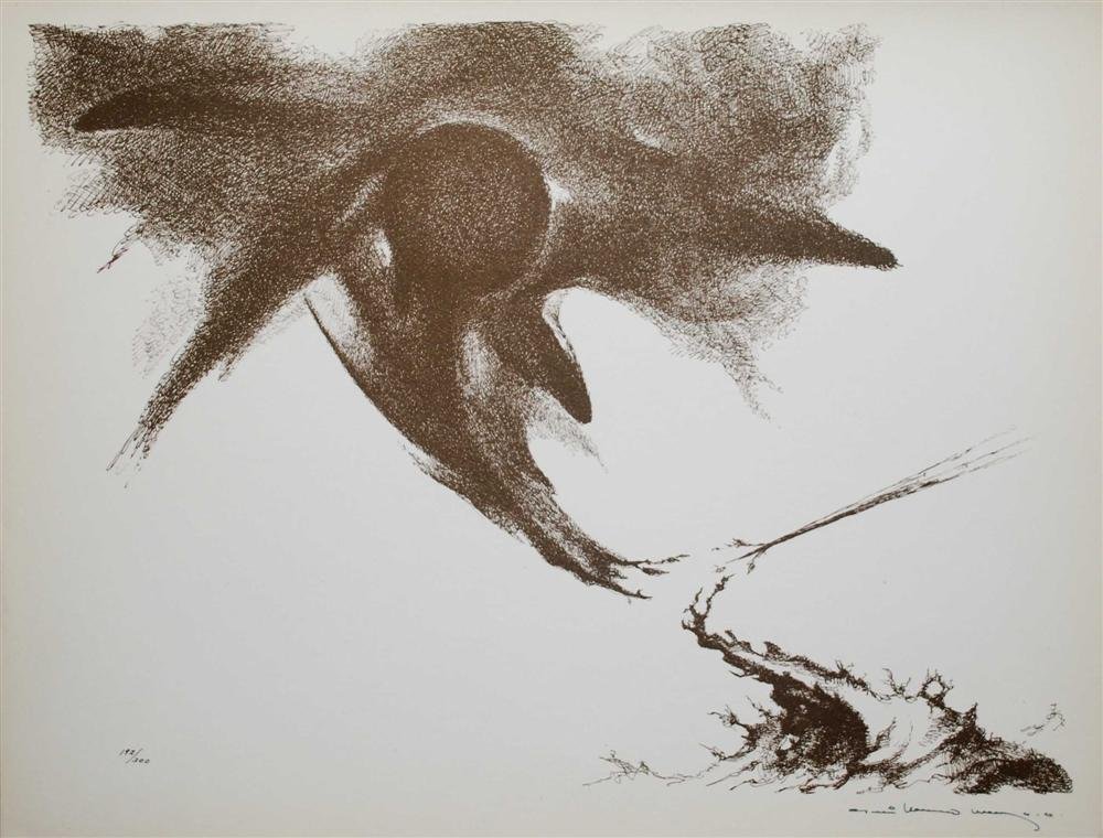GUILLERMO MEZA - Lithograph in brown ink: Guillermo Meza (Mexican, 1917 - 1997). "Vendra una Gran Guerra [Plate 8 from: "Guillermo Meza, Impressiones, 11 Litografias, Presentacion de Jaled Muyaes y Raul Kamffer, Nota Bibliografica de Carlos P