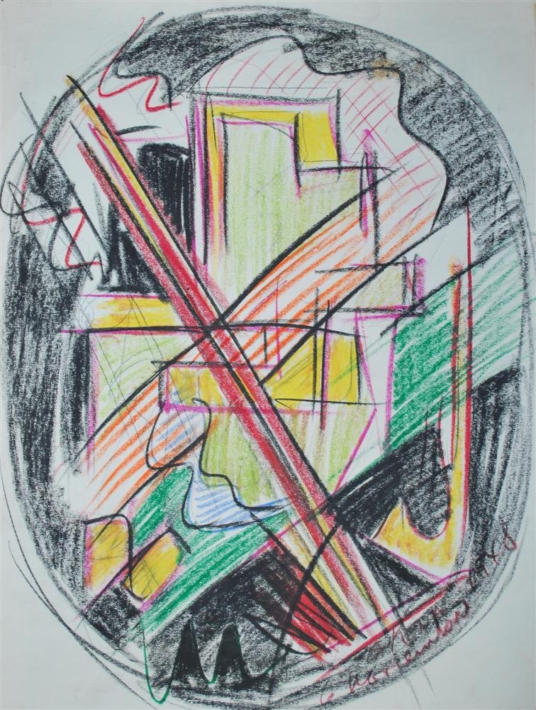 JALED MUYAES - Oil pencil on paper: Jaled Muyaes (Chilean/Mexican, 1921 - 2007). "Nonobjective Composicion #50". Oil pencil on paper. 1948. Signed lower right. Muyaes always signed his work "Kena," "S. Kena," "Silvestre Kena," or "Silve