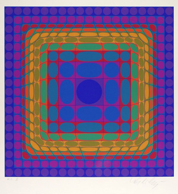 VICTOR VASARELY - Color lithograph: Victor Vasarely (Hungarian, 1908 - 1997). "Koska-Sin". Color lithograph. 1975. Signed and numbered in pencil. Edition of 125. Full margins. Fine impression. Fine condition. Published by Les Editions G