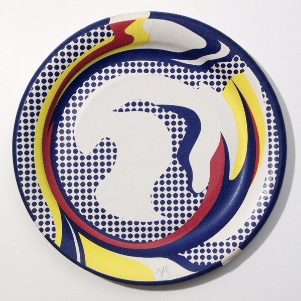 ROY LICHTENSTEIN - Original color screenprint, in: Roy Lichtenstein (American, 1923-1997). "Paper Plate". Original color screenprint, in yellow, red, and blue, on white paper plate. 1969. Signed in pencil with the initials, lower center, recto. Dated
