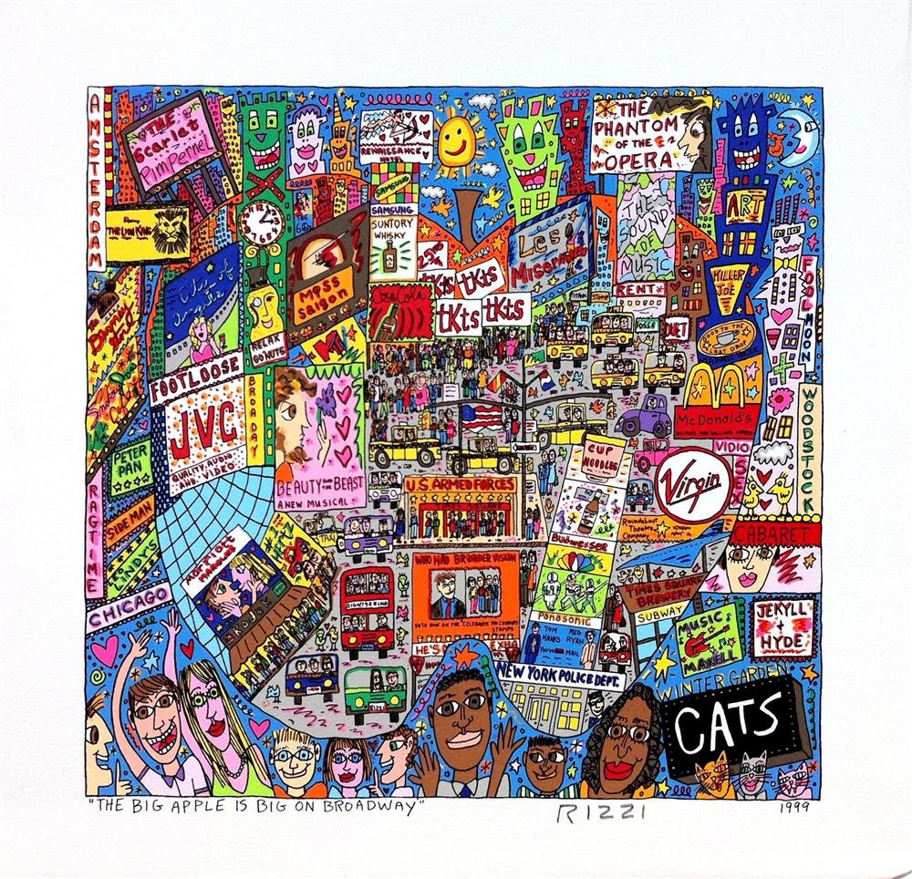 JAMES RIZZI - Color silkscreen and lithograph: James Rizzi (American, 1950-2011). "The Big Apple Is Big on Broadway". Color silkscreen and lithograph. 1999. Signed in pencil, lower right; titled and dated in the plate. A proof aside from the regul