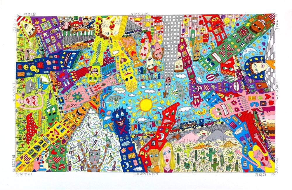JAMES RIZZI - Color silkscreen and lithograph: James Rizzi (American, 1950-2011). "Uptown - Downtown - Eastside - Westside". Color silkscreen and lithograph. 1995. Signed in pencil four times (each corner); titled and dated in the plate. A proof a