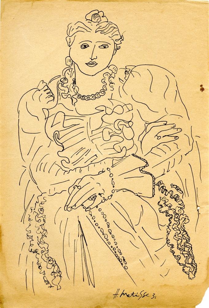 HENRI MATISSE [by or attrib] - Pen and ink drawing: Henri Matisse [by or attrib] (French, 1869 - 1954). "Portrait". Pen and ink drawing on paper. 1931. Signed and dated in pen, lower right. Cream wove paper. Fair to good condition; two holes right marg