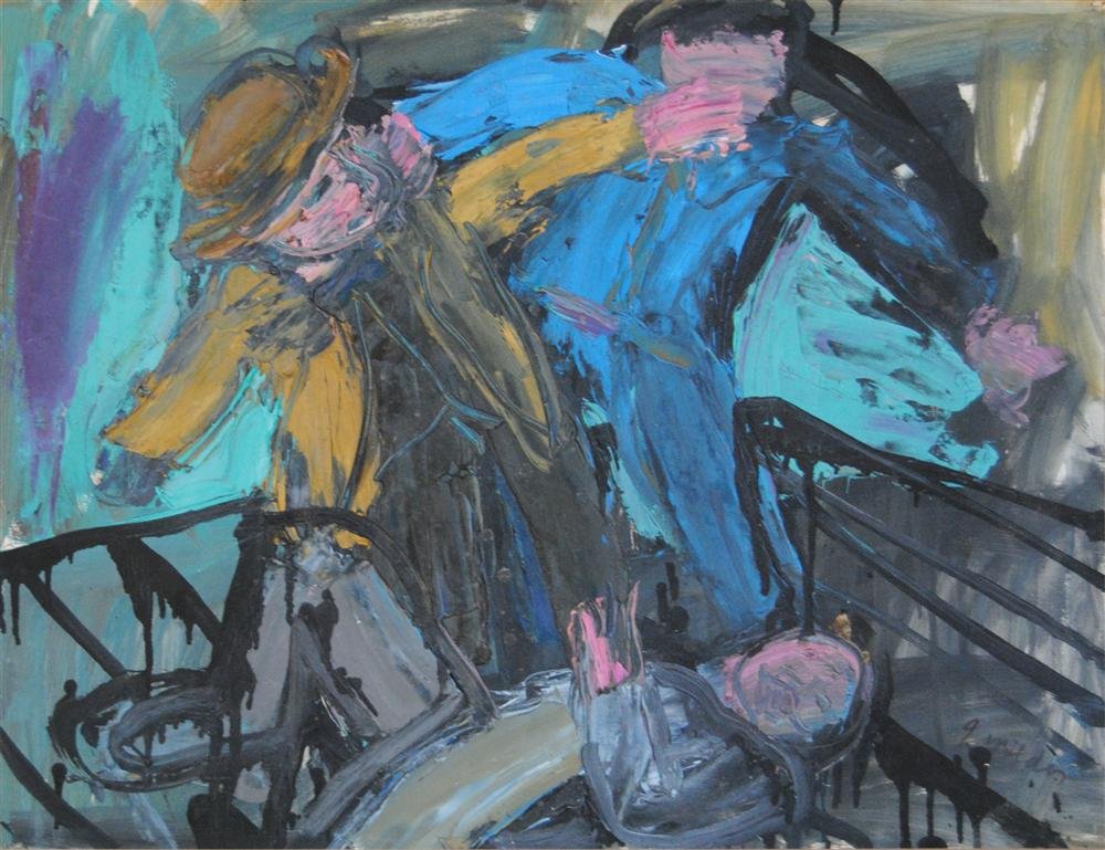 JAY MILDER - Oil on paper: Jay Milder (American, b.1934). "Subway Brawl". Oil on paper. 1963. Signed lower right. Good condition; heavy impasto; paper brittle, old tape and discoloration verso; no holes or tears in the image. M