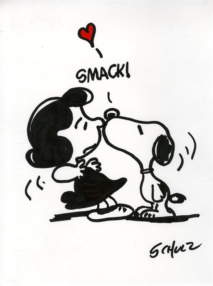 CHARLES SCHULZ - Pen and ink and colored ink: Charles Schulz (American, 1922-2000). "Lucy and Snoopy". Pen and ink and colored ink drawing on paper. 1970s. Signed lower right. Light cream wove watermarked Fabriano paper. Fine condition. Schulz, t