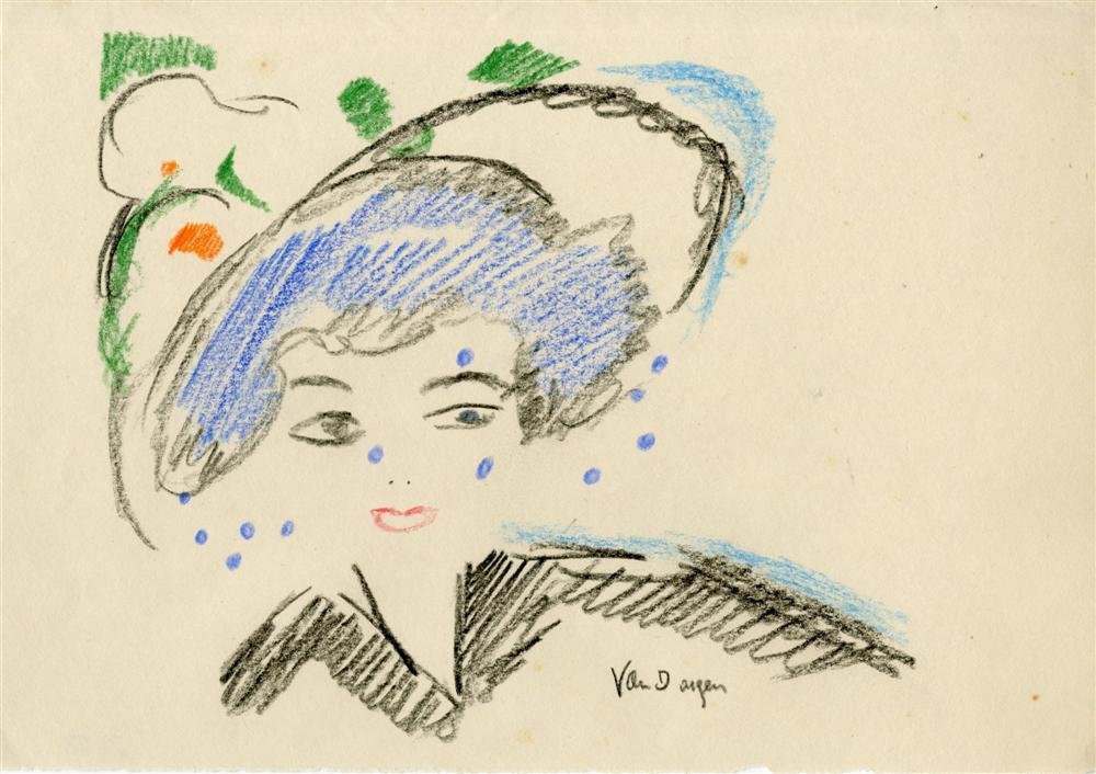 KEES VAN DONGEN - Colored pencils drawing: Kees Van Dongen (Dutch, 1877-1968). "Femme". Colored pencils drawing. 1930s. Signed lower right. Light cream wove paper. Very good condition; a few scattered fox marks. Provenance: Private collection,