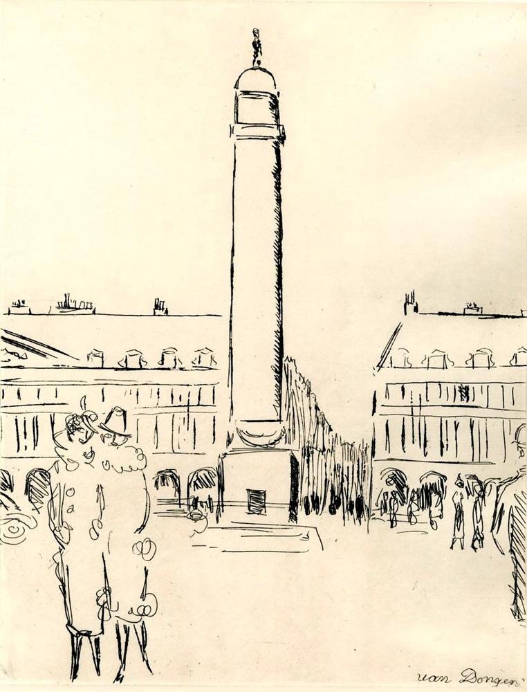 KEES VAN DONGEN - Etching: Kees Van Dongen (Dutch, 1877-1968). "Place Vendome". Etching. 1937. Signed in the plate, lower right. Edition of 500. Cream wove paper. Very wide margins. Fine impression. Fine condition. Image copyri
