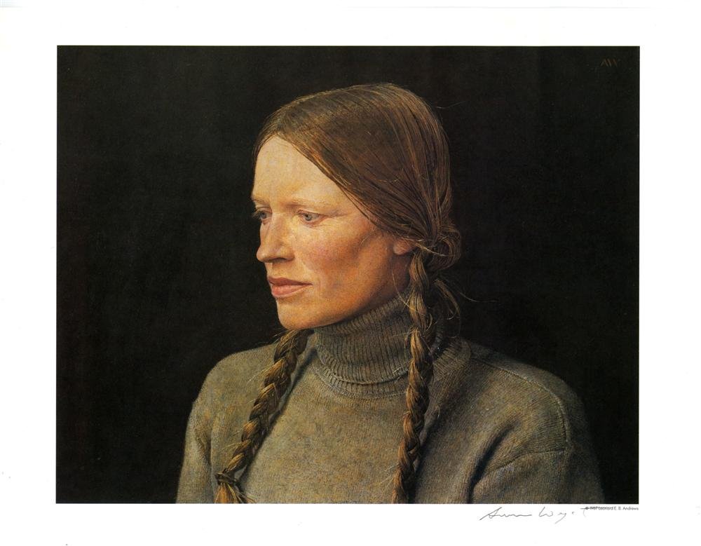 ANDREW WYETH [after] - Color offset lithograph: Andrew Wyeth [after] (American, 1917-2009). "Braids". Color offset lithograph. 1979. Printed 1987. Signed in pencil, lower right. Edition unknown. Cream wove paper. Wide margins. Fine impression. Very
