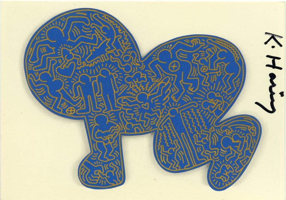 KEITH HARING - Color offset lithograph: Keith Haring (American, 1958 - 1990). "Untitled (1984) [postcard]". Color offset lithograph. 1984. Signed in black marker, center right. Edition unknown. Light cream wove paper. Full margins. Fine imp