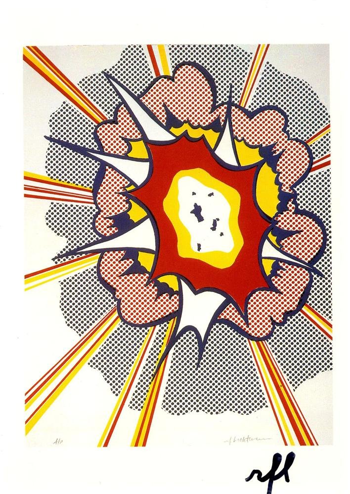 ROY LICHTENSTEIN - Color offset lithograph: Roy Lichtenstein (American, 1923-1997). "Explosion [postcard edition]". Color offset lithograph. 1967. Printed 1994. Initialed in black marker, lower right; signed verso. Edition unknown, presumed sma