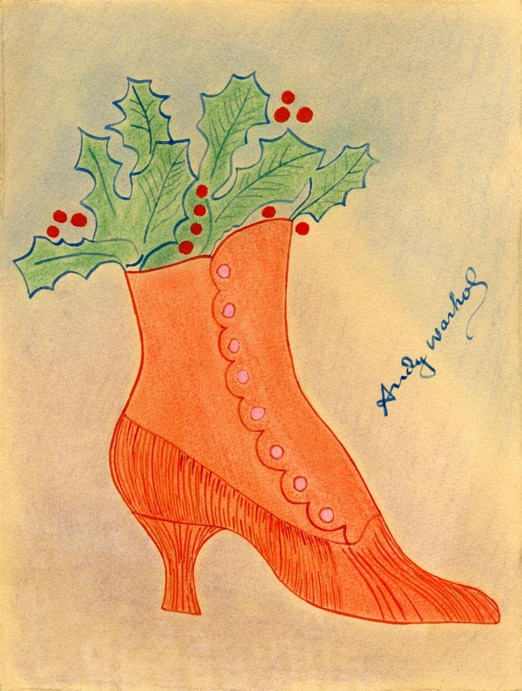 ANDY WARHOL [after] - Watercolor on paper: Andy Warhol [after] (American, 1928 - 1987). "Christmas Shoe". Watercolor on paper. c1950s. Bears signature lower right. Cream textured wove paper. Very good to fine condition. “When I used to do sh