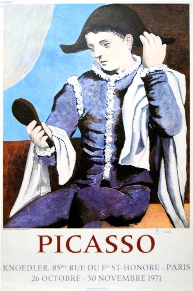 PABLO PICASSO - Color offset lithograph: Pablo Picasso (Spanish, 1881 - 1973). "Picasso (Arlequin au miroir) [Knoedler, Paris]". Color offset lithograph. 1971. Signed in pencil, lower right. Edition unknown, presumed small. White wove paper.