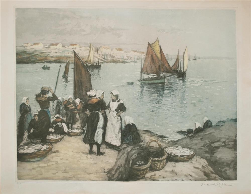 MANUEL ROBBE - Color aquatint: Manuel Robbe (French, 1872 - 1936). "Brittany Women on the Shore". Color aquatint. c1904?. Signed in pencil, lower right; blindstamp lower left. Numbered "206" lower left. Cream wove paper. Ample marg