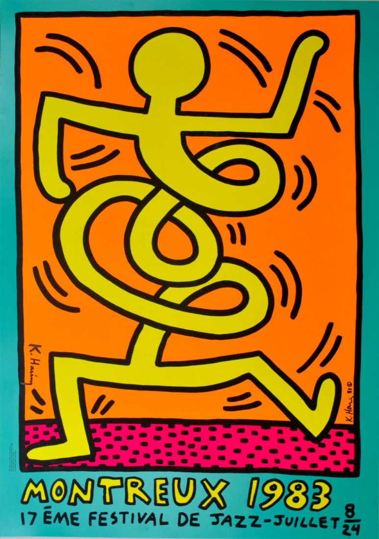 KEITH HARING - Original color silkscreen: Keith Haring (American, 1958 - 1990). "Montreux [Jazz Festival] 1983 - Orange Background/Green-Blue Border". Original color silkscreen. 1983. Signed in black marker, lower left; signed and dated in th
