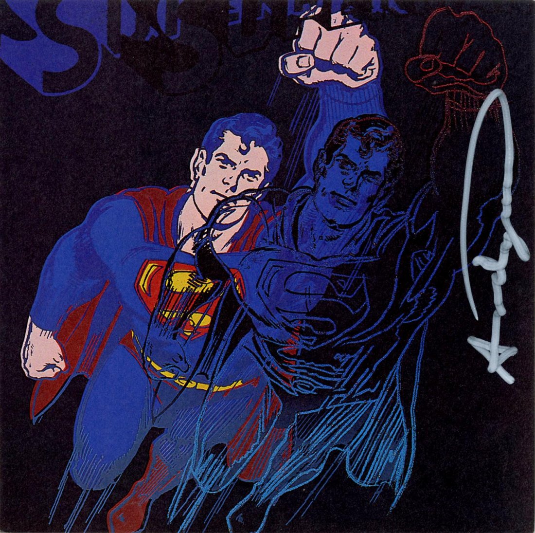 ANDY WARHOL - Color offset lithograph: Andy Warhol (American, 1928 - 1987). "Superman [announcement]". Color offset lithograph. 1981. Signed in white marker, right center. Edition unknown, presumed small (250?). Light cream wove paper. Pri