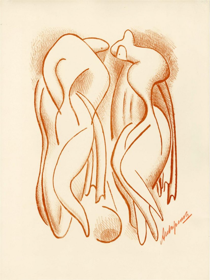 ALEXANDER ARCHIPENKO - Original color lithograph: Alexander Archipenko (Ukranian-Russian-American, 1887 - 1964). "Bathers". Original color lithograph. 1950. Signed in red crayon, lower right. Edition c100. Cream wove paper. Wide margins. A very good
