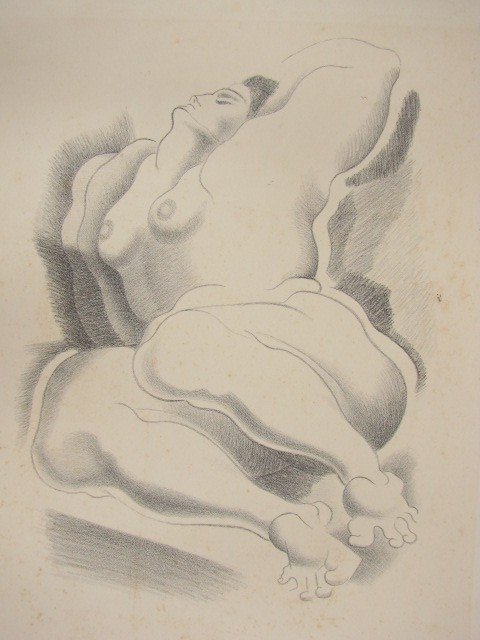 ALEXANDER ARCHIPENKO - Original lithograph: Alexander Archipenko (Ukranian-Russian-American, 1887 - 1964). "Reclining Female Nude". Original lithograph. 1920. Signed in pencil, lower left. Edition size unknown, presumed very small. Cream laid w
