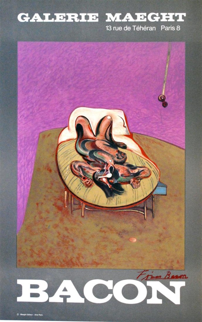 FRANCIS BACON - Original color lithograph: Francis Bacon (Irish/British, 1909 - 1992). "Personnage couche". Original color lithograph . c1975. Signed in red crayon, lower right. Edition size unknown but presumed small. Cream wove paper. The fu
