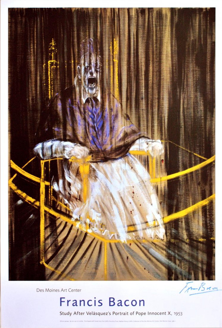 FRANCIS BACON - Original color offset lithograph: Francis Bacon (Irish/British, 1909 - 1992). "Study after Velasquez's Portrait of Pope Innocent X". Original color offset lithograph . 1980. Signed in blue crayon, lower right. Edition size unknown but
