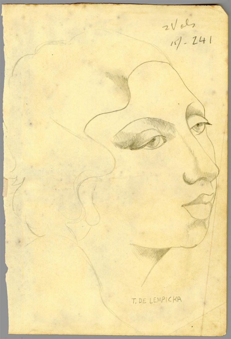 TAMARA DE LEMPICKA - Pencil drawing on paper: Tamara de Lempicka (Polish, 1898-1980). "Portrait". Pencil drawing on paper. c1930s. Signed in pencil, lower right. Light cream wove paper. Fair to good condition; a few vertical creases; scattered fo