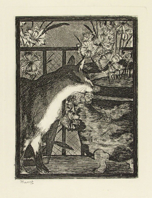 EDOUARD MANET - Etching with aquatint: Edouard Manet (French, 1832 - 1883). "Chat et les Fleurs". Etching with aquatint. 1869. Printed later. Signed in the plate, lower left. Cream thin laid paper. Very wide margins. Fine impression. Excel