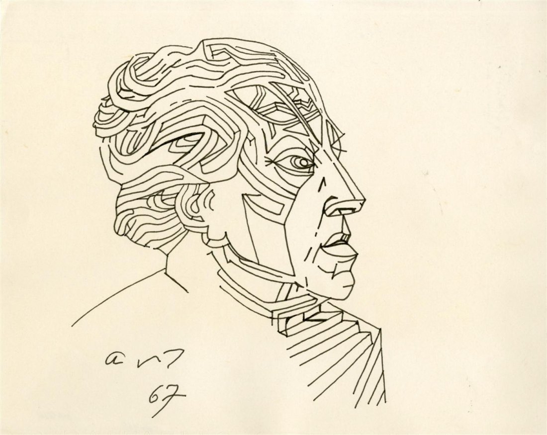 ANDRE MASSON - Original pen and ink drawing: Andre Masson (French, 1896 - 1987). "Portrait d'Andre Breton". Original pen and ink drawing. 1967. Signed with the initials/monogram and dated, in pen, lower left. Light cream wove paper. Very good to