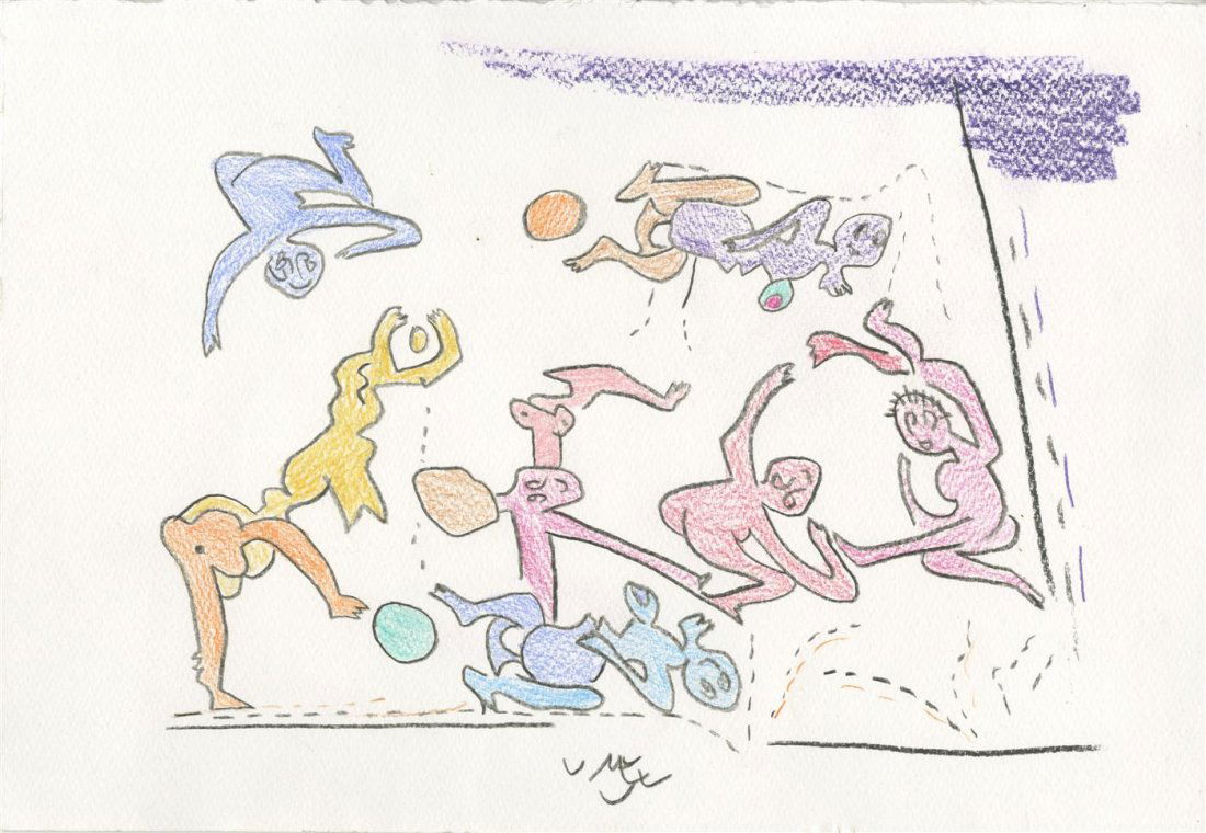 ROBERTO MATTA - Oil pastel on paper: Roberto Matta (Chilean, 1911-2002). "Extaticos Bailarines de mi País". Oil pastel on paper. c1972. Signed lower center. White wove paper. Fine condition. Roberto Sebastián Antonio Matta Echaurren, b