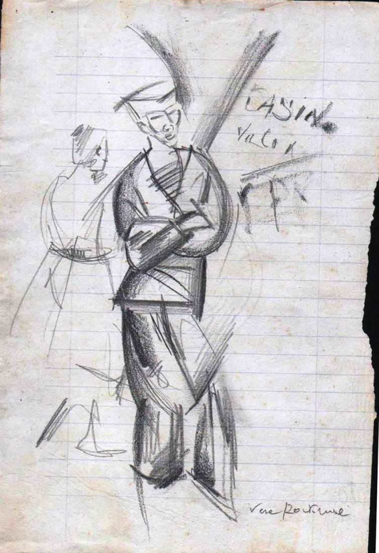 VERA ROCKLINE - Pencil drawing: Vera Rockline (Russian/French, 1896-1934). "Marin Cubiste". Pencil drawing. c1926. Signed lower right. White wove "notebook" paper. Condition: staining on top and left edges; paper loss right margin,