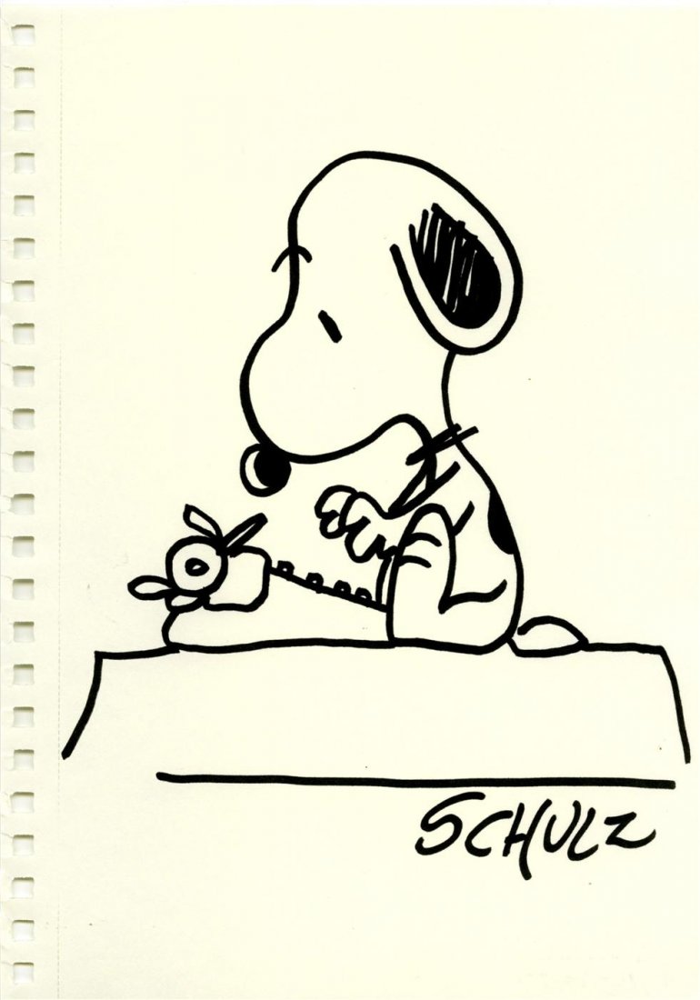 CHARLES SCHULZ - Pen and ink drawing on paper: Charles Schulz (American, 1922-2000). "Snoopy at the Typewriter". Pen and ink drawing on paper. 1970s. Signed lower right. White wove paper. Fine condition. Schulz, the creator and artist of "Peanuts,