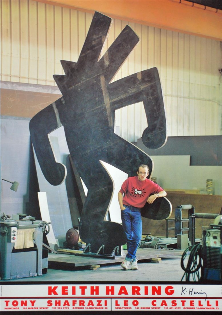 KEITH HARING - Color offset lithograph: Keith Haring (American, 1958 - 1990). "Keith Haring/Tony Shafrazi/Leo Castelli". Color offset lithograph. 1985. Signed in black marker, lower right. Edition unknown. White wove paper. The full sheet. 